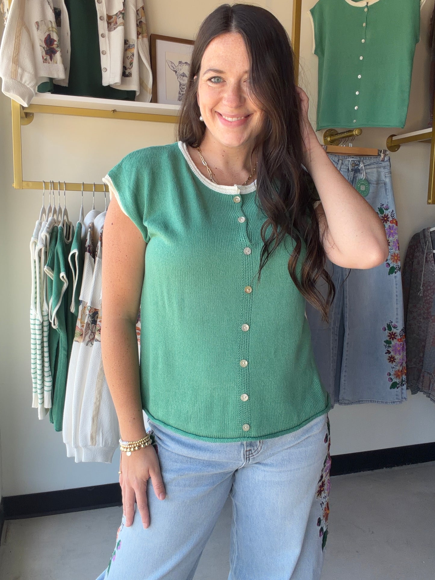 Green Button Short Sleeve Sweater