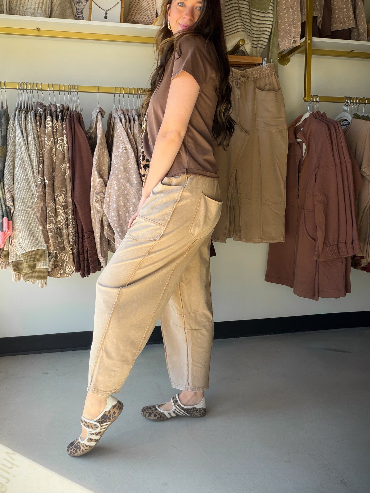 Taupe Terry Knit Barrel Pants