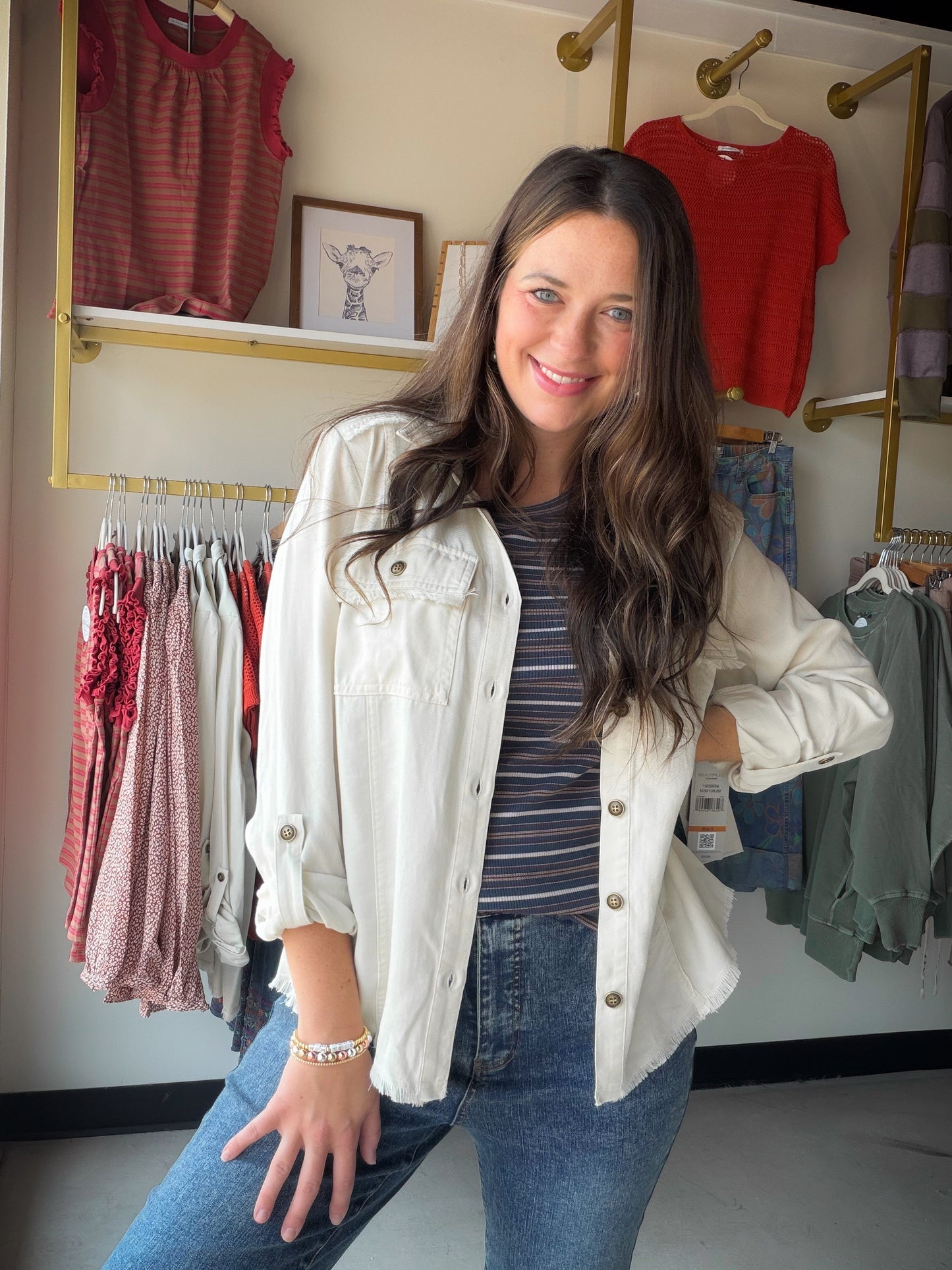 Cream Fringe Roll Tab Jacket