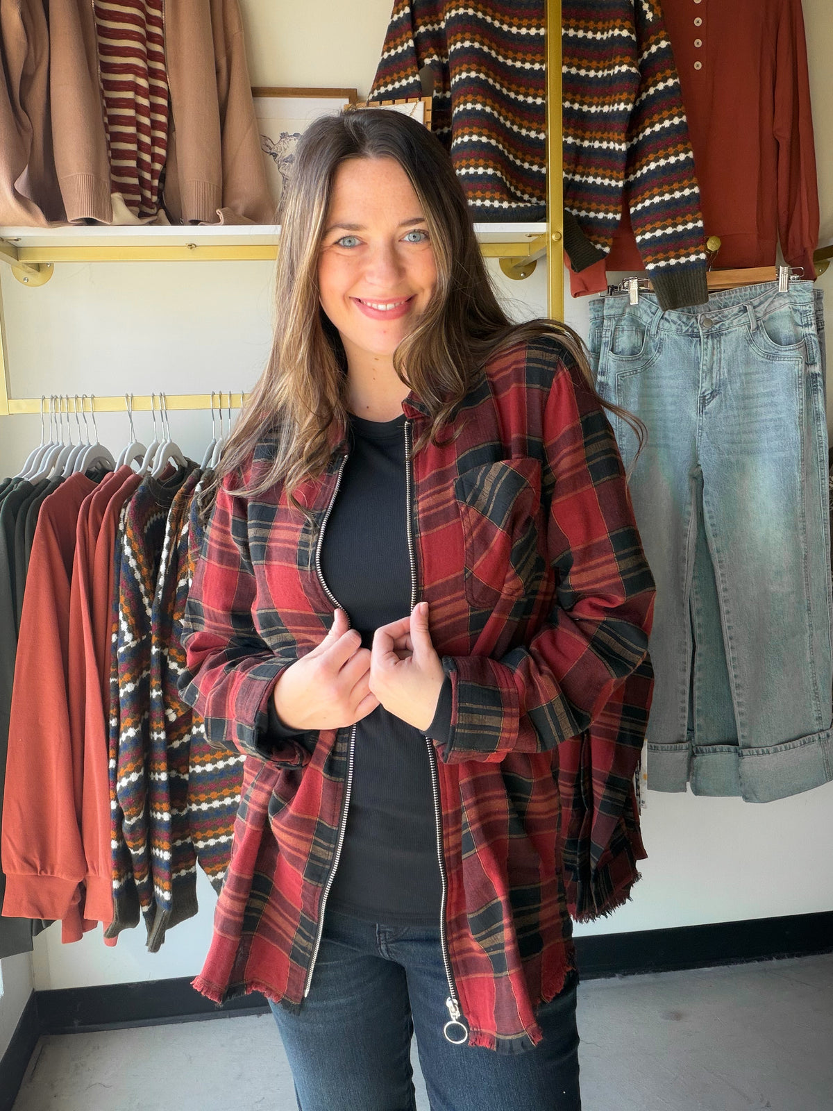 Raw Hem Plaid Jacket