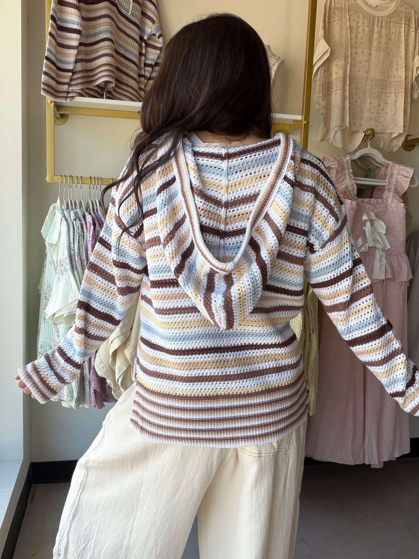 Brown Stripe Crochet Sweater Hoodie