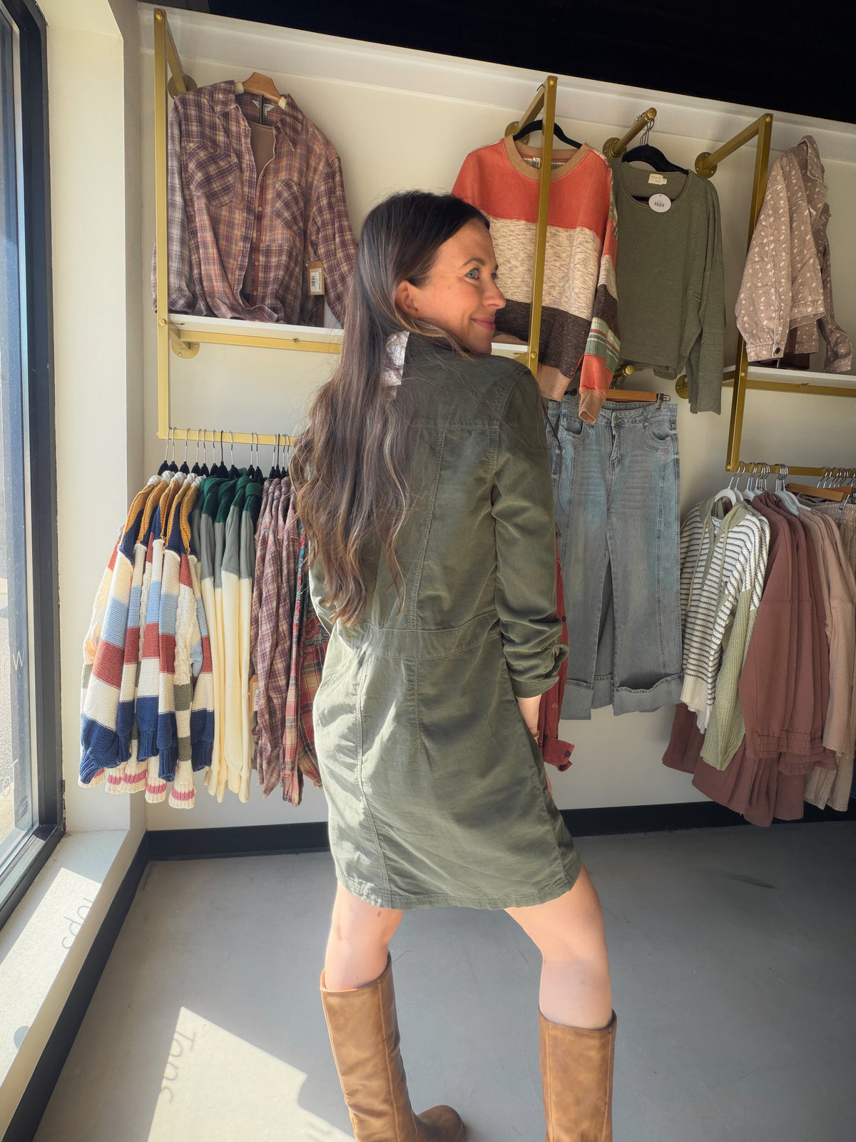 Olive Corduroy Cargo Dress