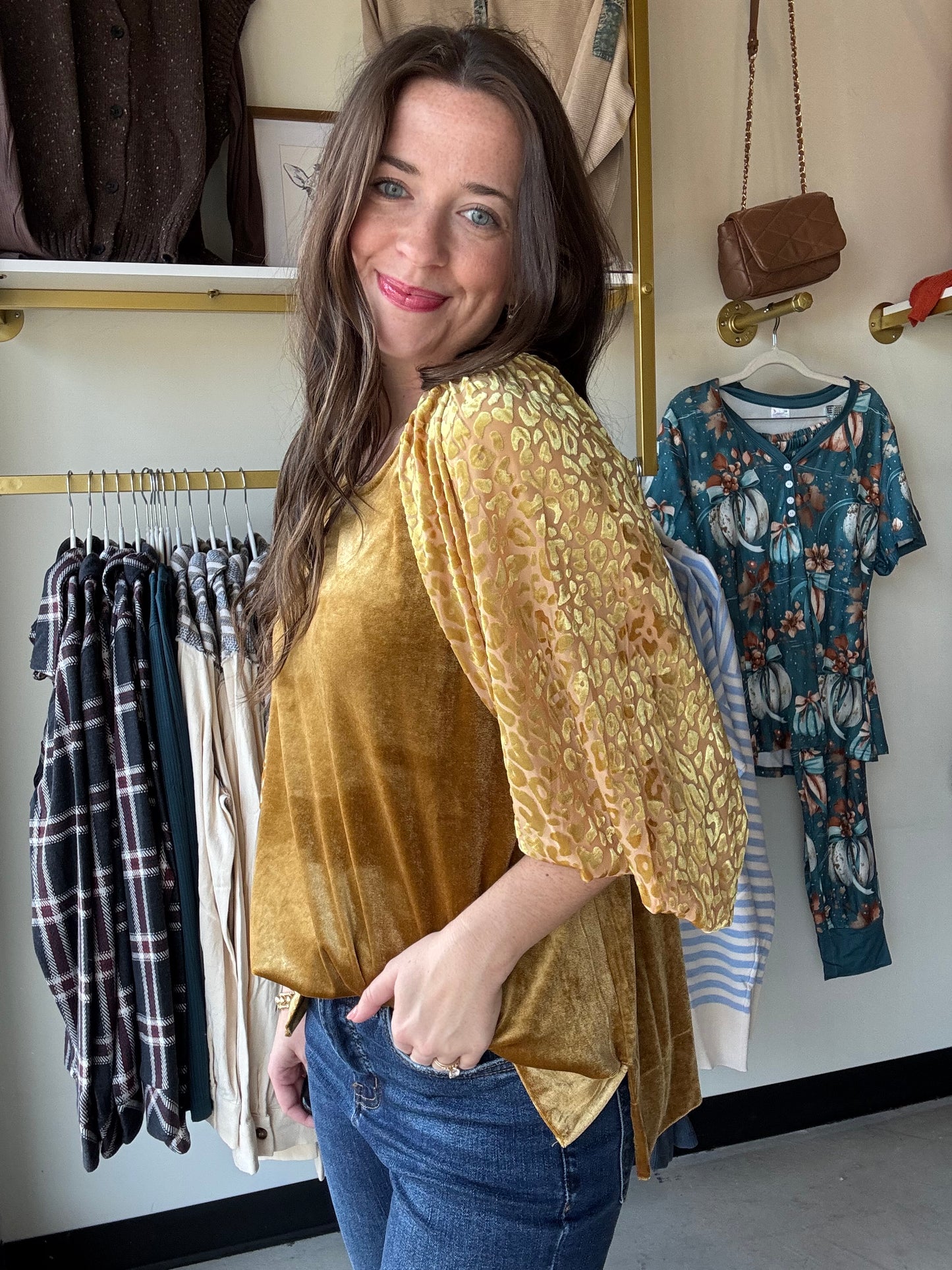 Golden Velvet Balloon Sleeve Top