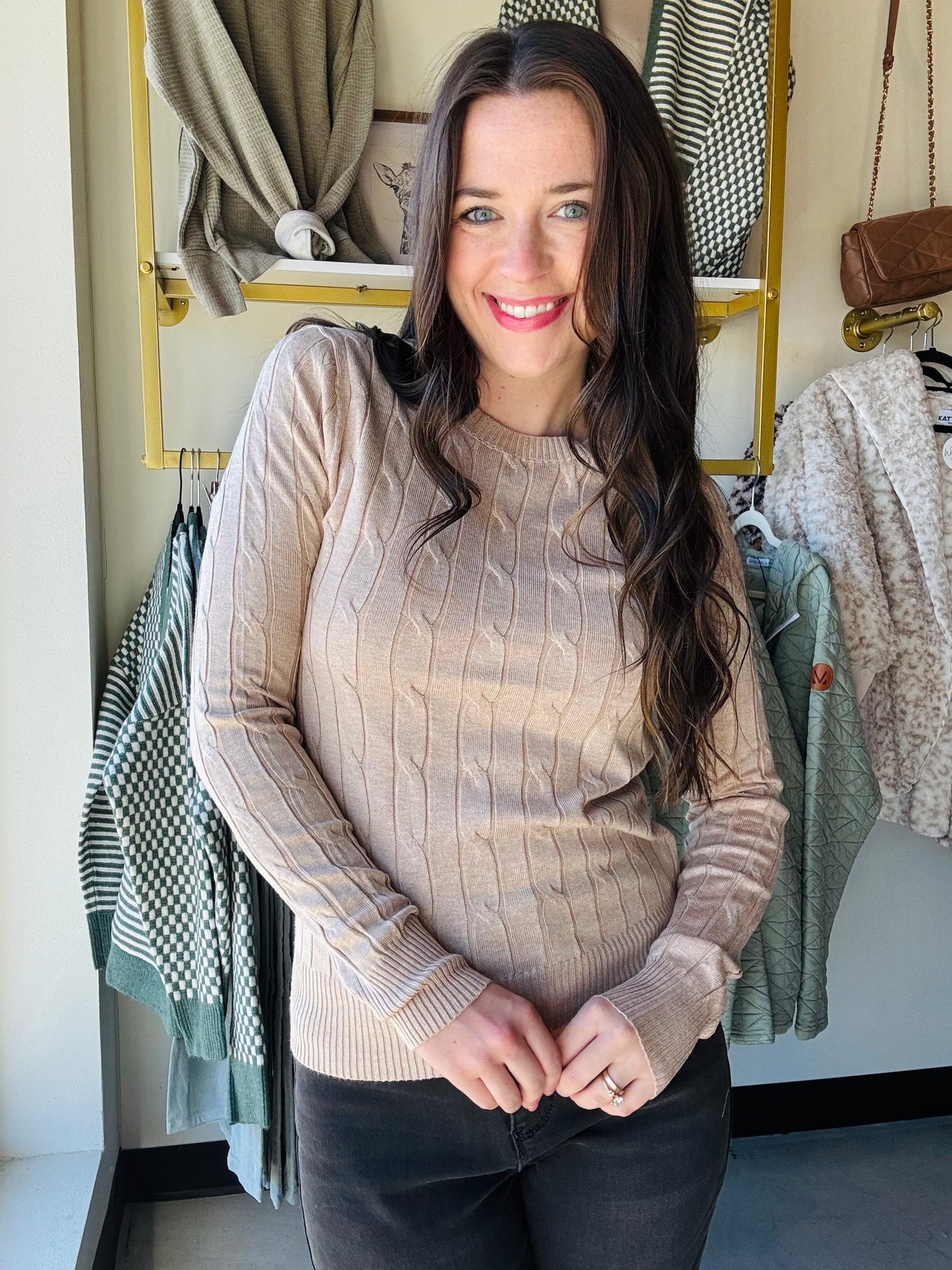 Khaki Cable Knit Crewneck