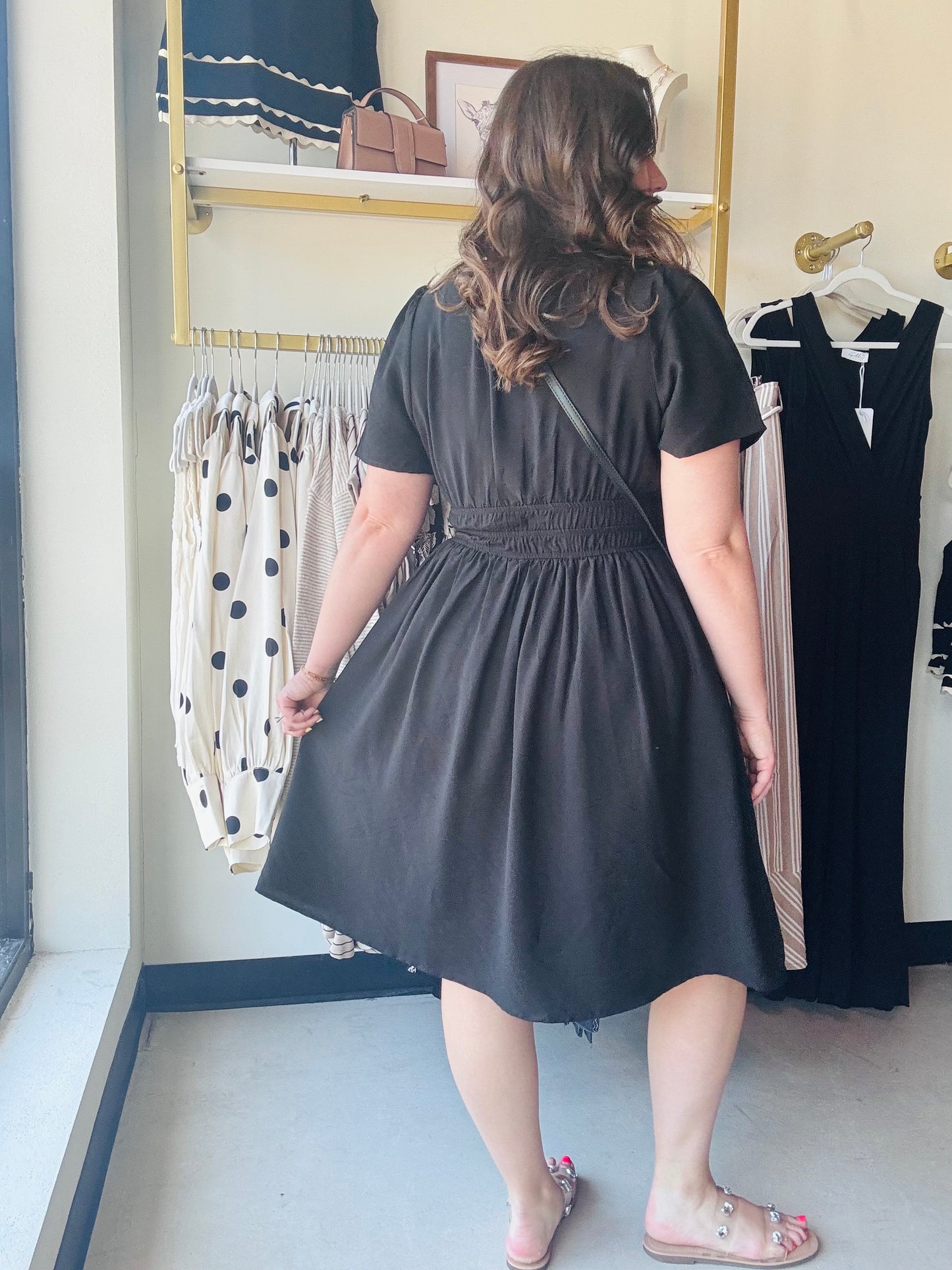 Black Cinched Waist Midi Dress