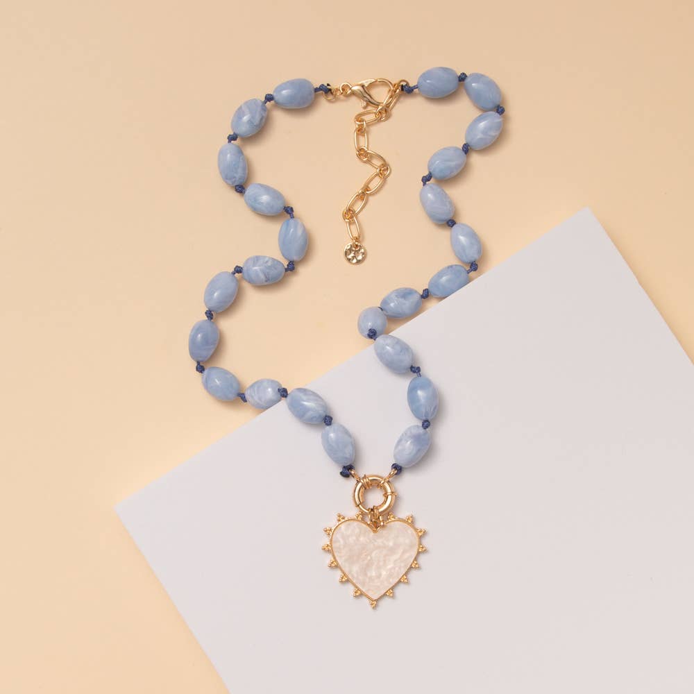 Pearlescent Heart Pendant Marbled Bead Necklace