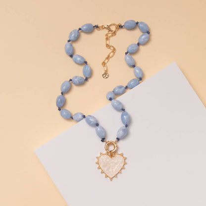 Pearlescent Heart Pendant Marbled Bead Necklace