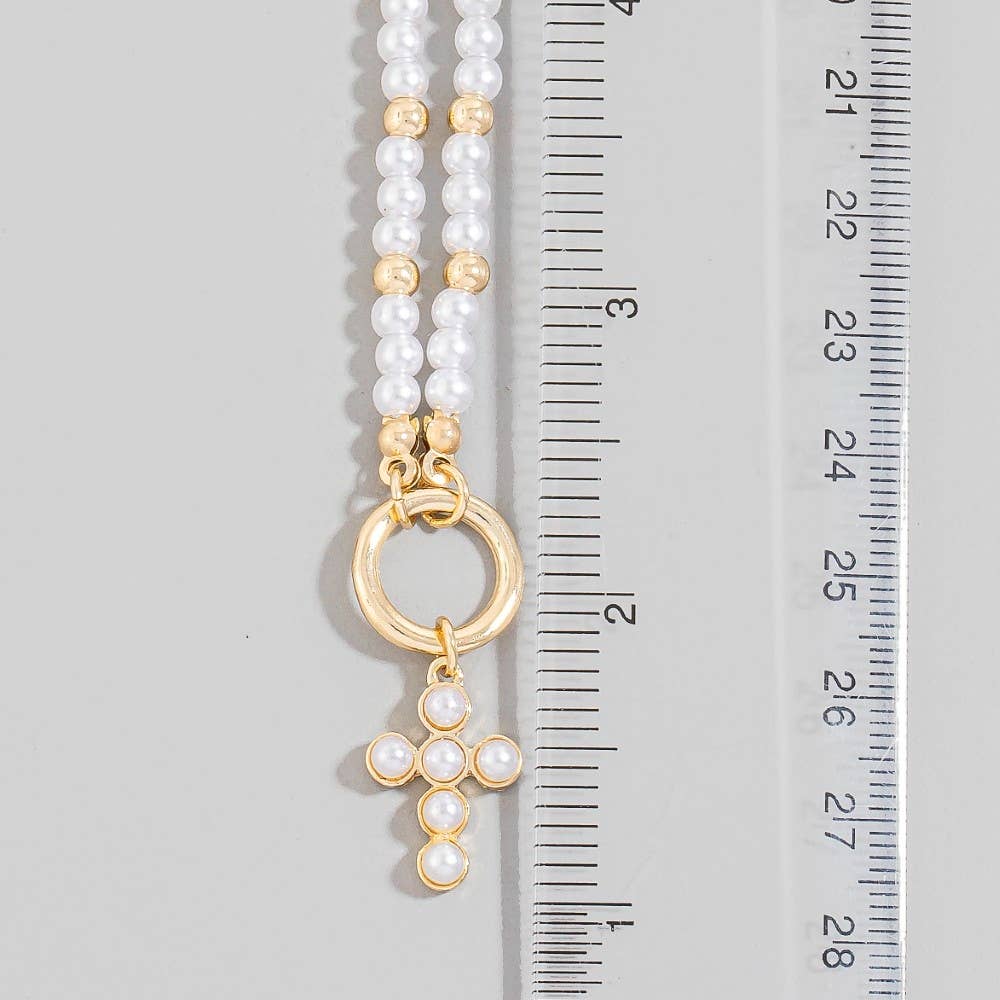 Cross Pendant Pearl And Metallic Beaded Necklace