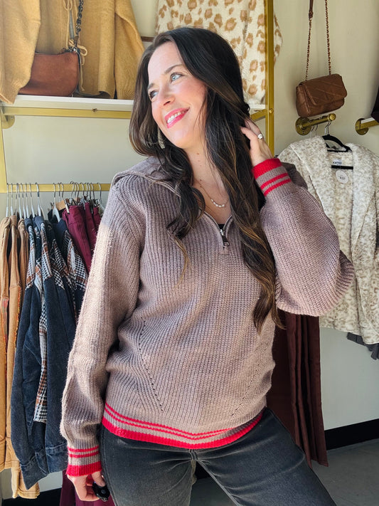 Red Accent Zip Up Pullover