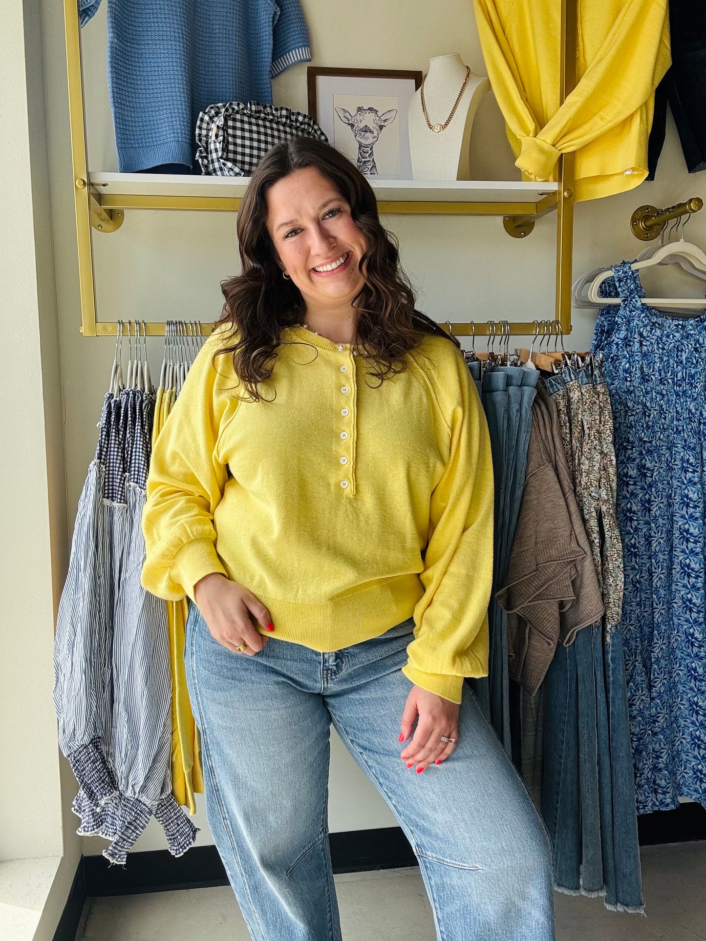 Yellow Button Henley Sweater Pullover