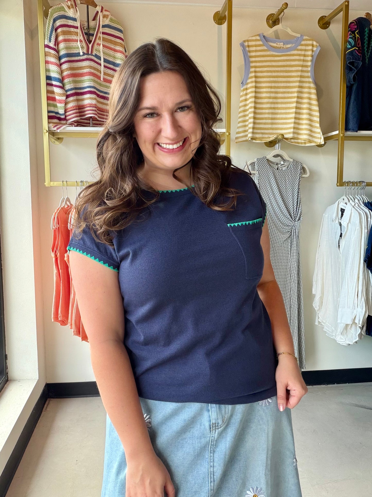 Navy Blanket Stitch Sweater