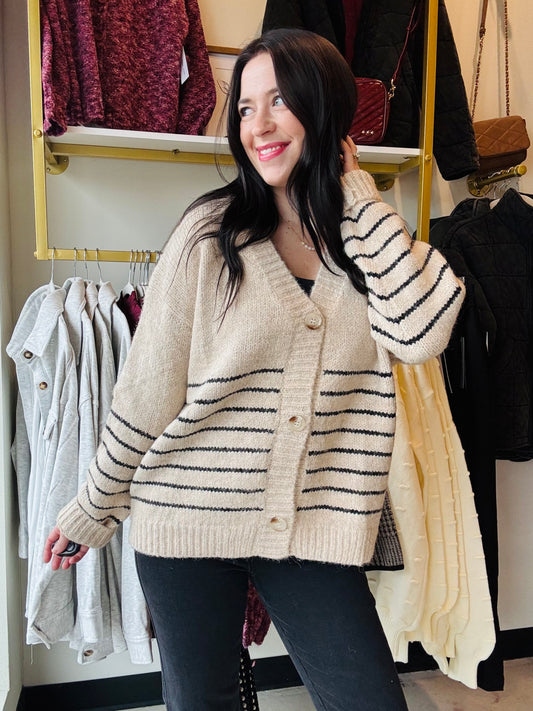 Oatmeal & Black Stripe Button Sweater