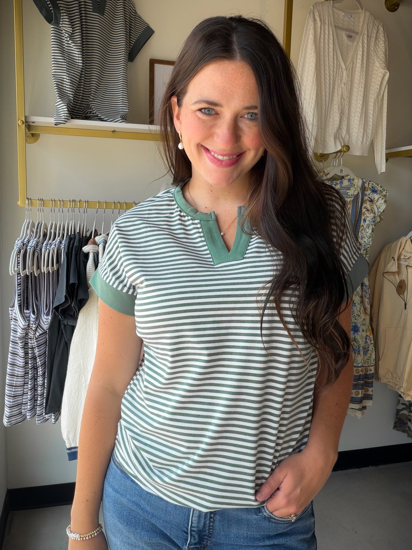 Jade Stripe Split Neck Top