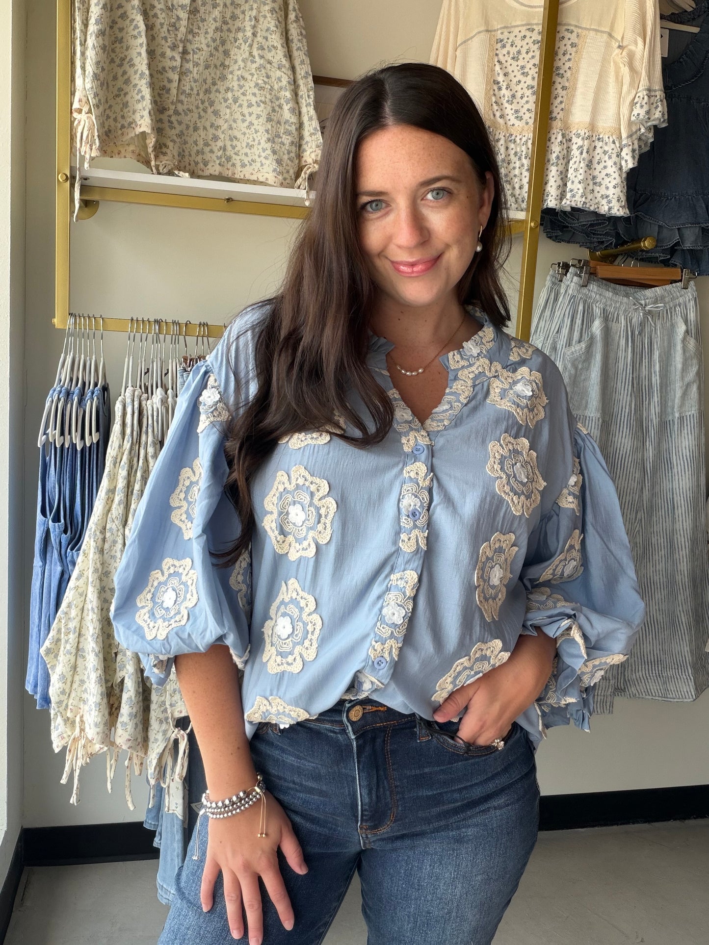 Blue 3D Floral Bubble Top