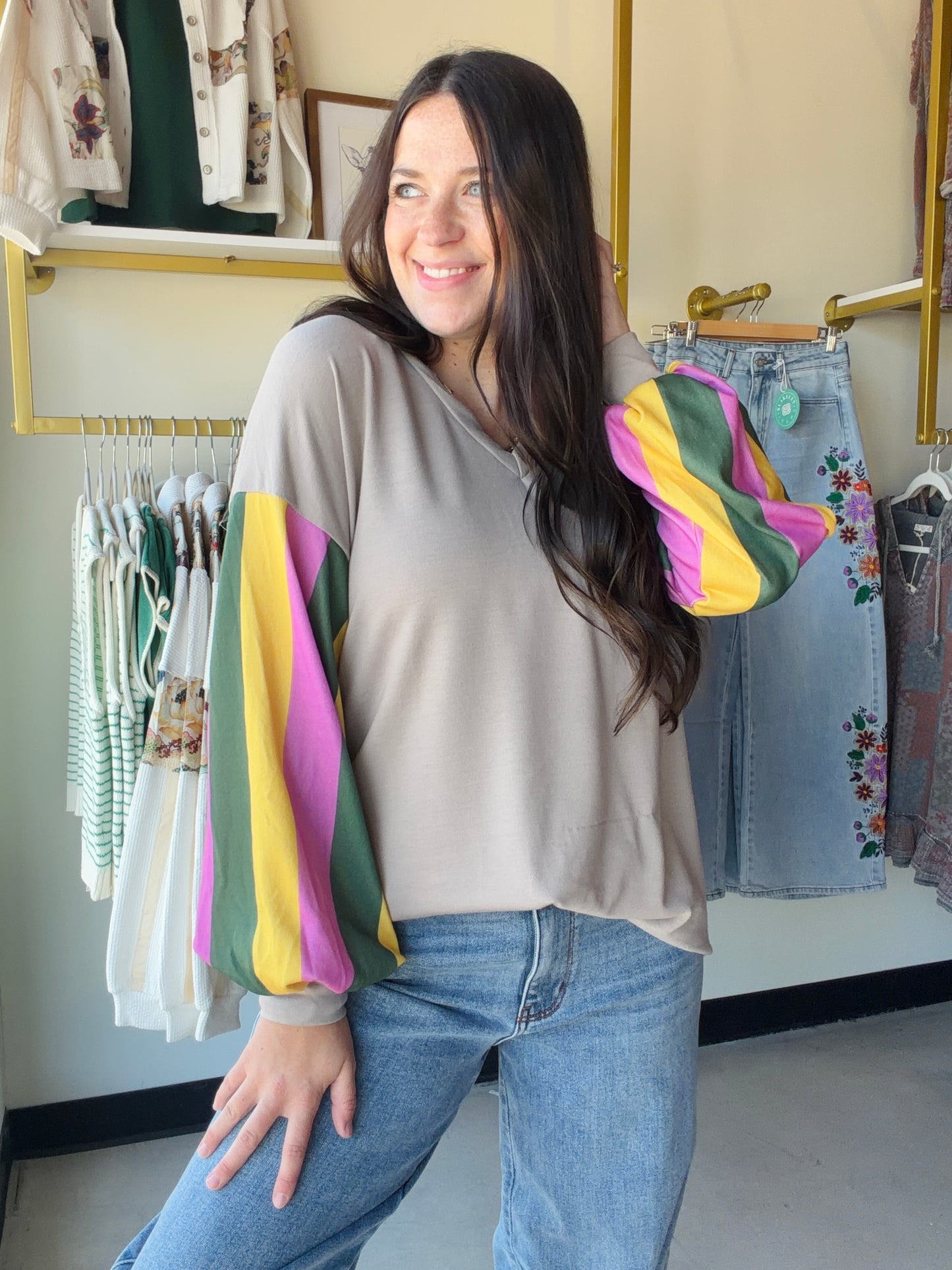 Taupe Accent Sleeve Brushed Top
