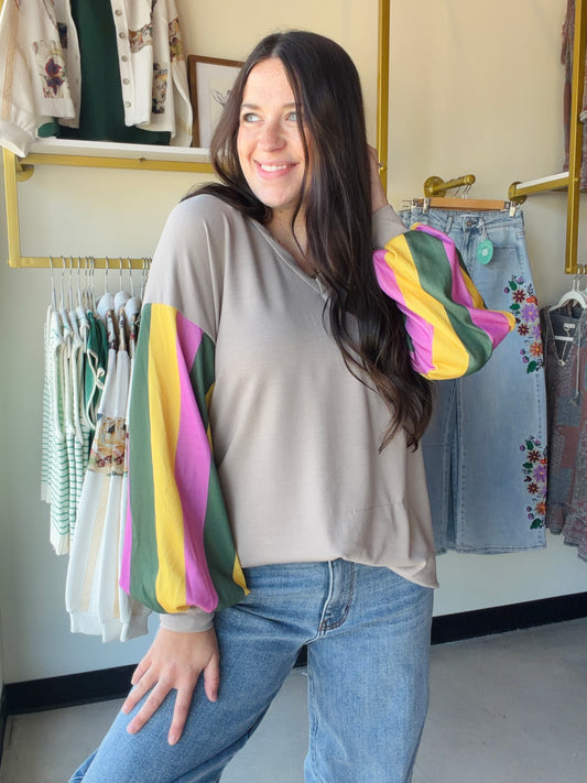 Taupe Accent Sleeve Brushed Top