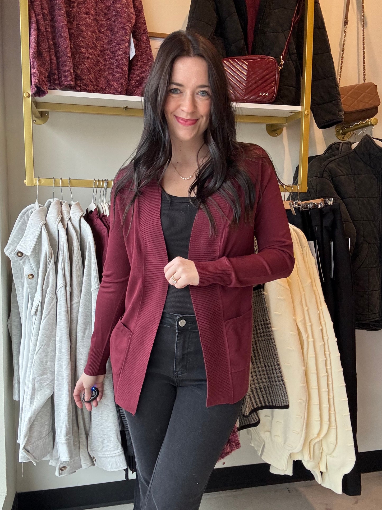 Burgundy Open Front Cardigan