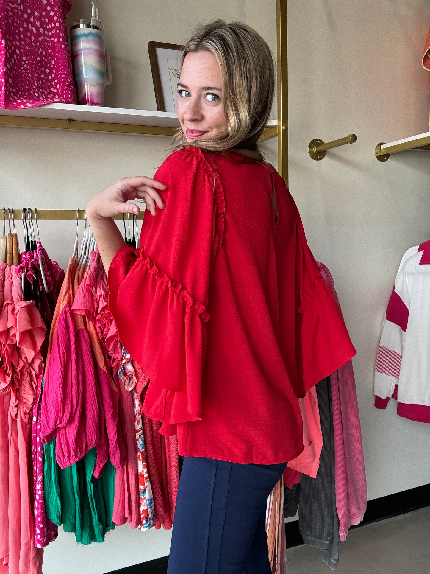 Blaine Ruffle Sleeve Top - Red