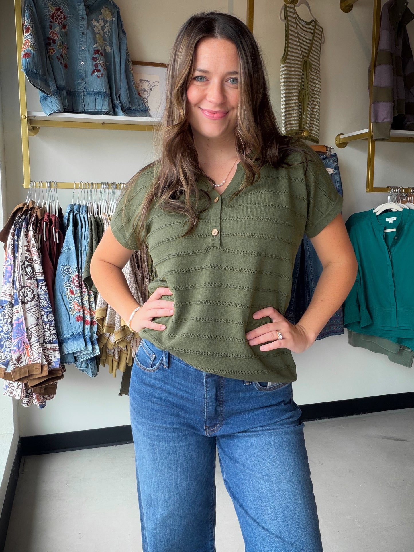 Olive Pointelle Stripe Sweater