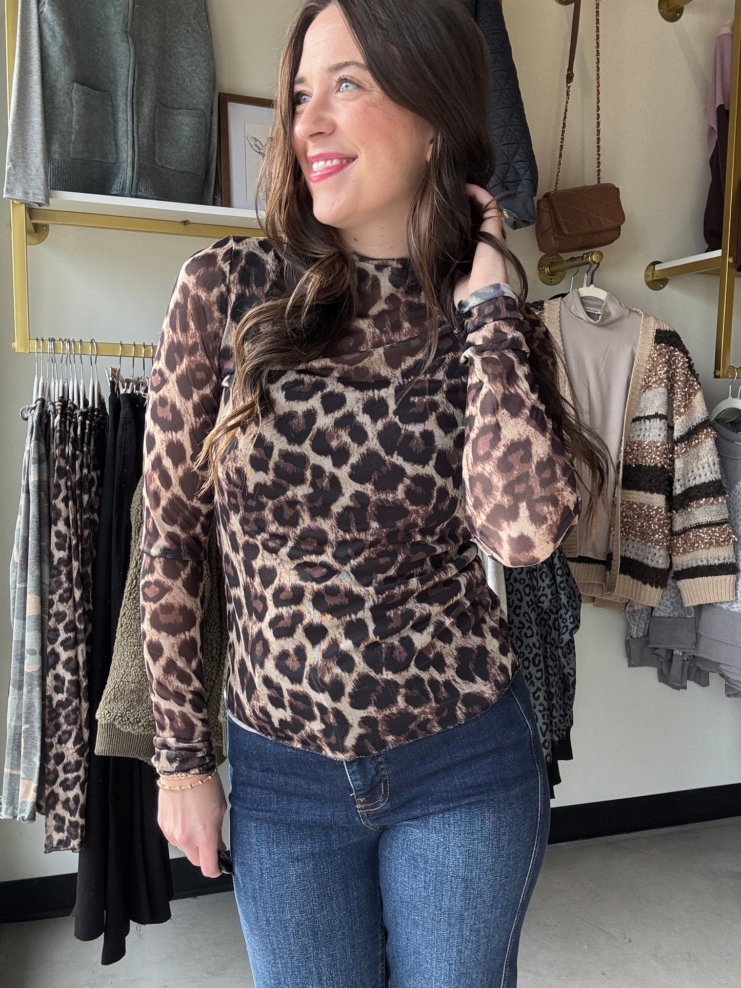 Leopard Ruffle Trim Mesh Top
