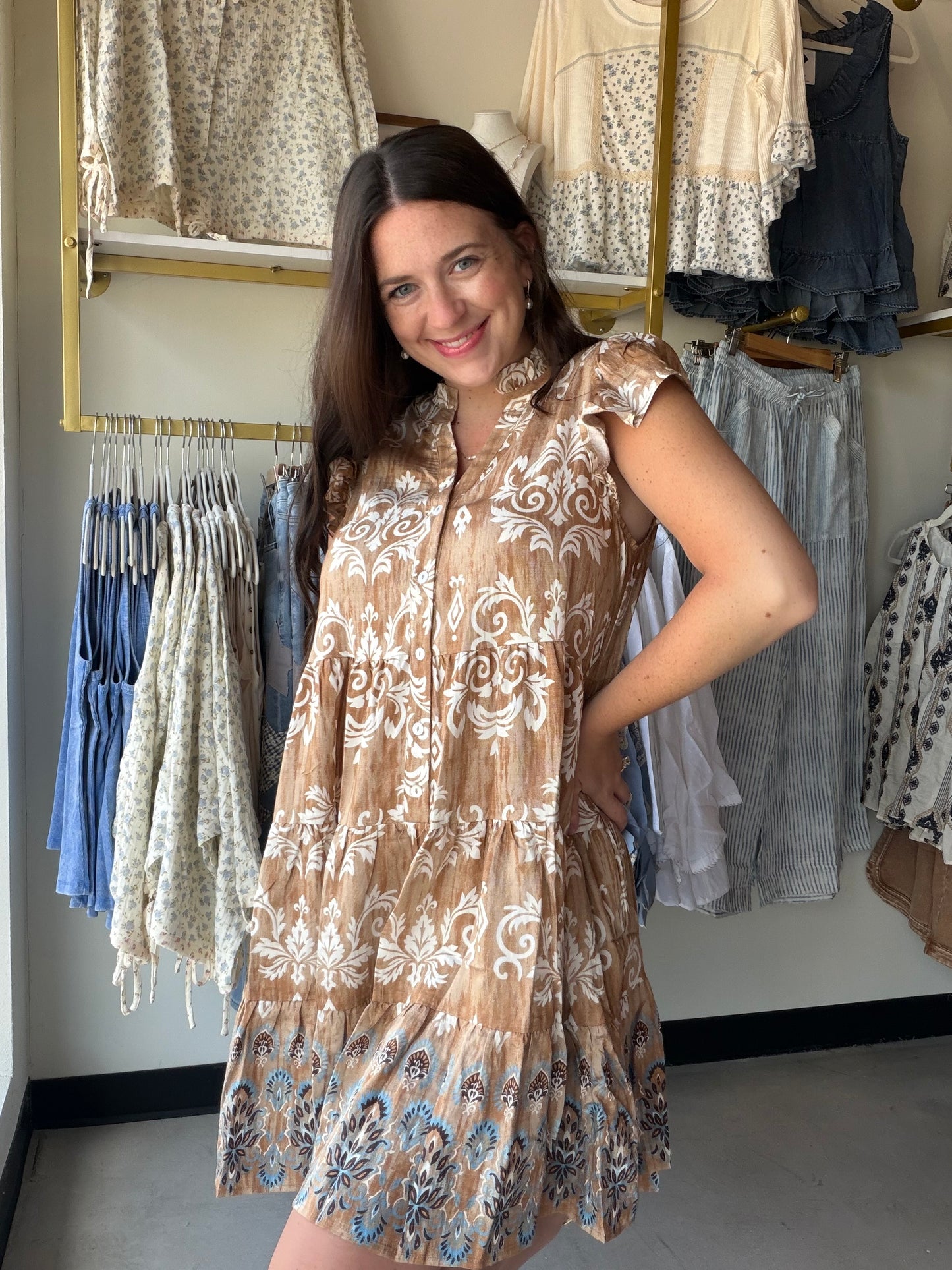 Mocha Vintage Boarder Tiered Dress