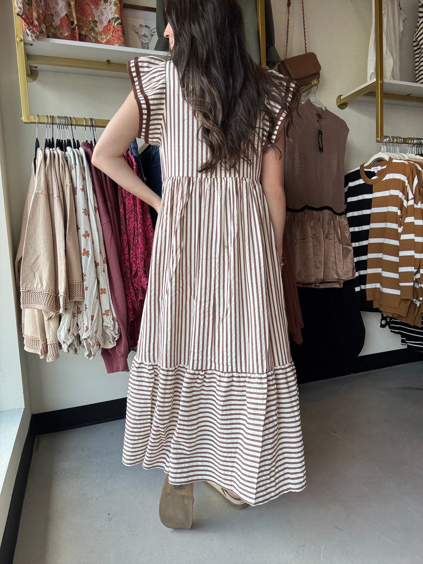 Brown Cap Sleeve Striped Dress