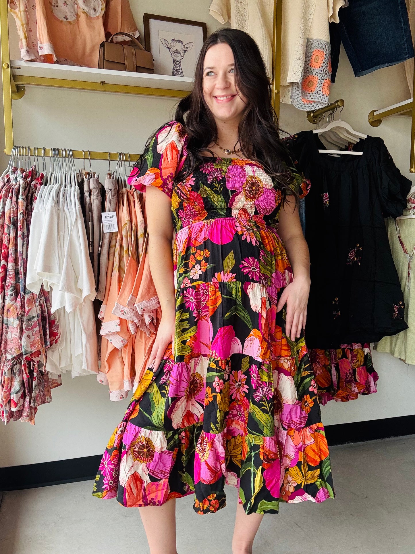 Midnight Bloom Smocked Midi Dress