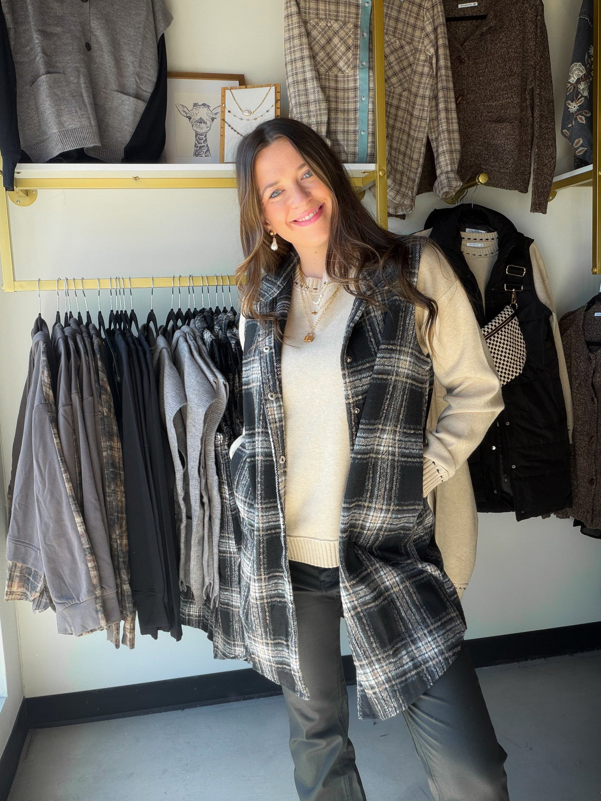 Long Plaid Button Up Vest