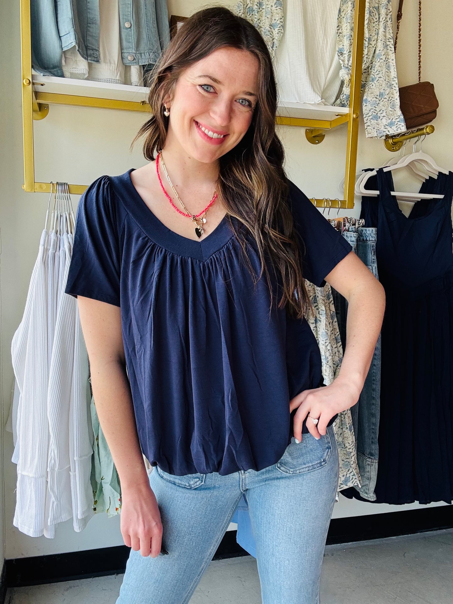 Navy Shirring Top