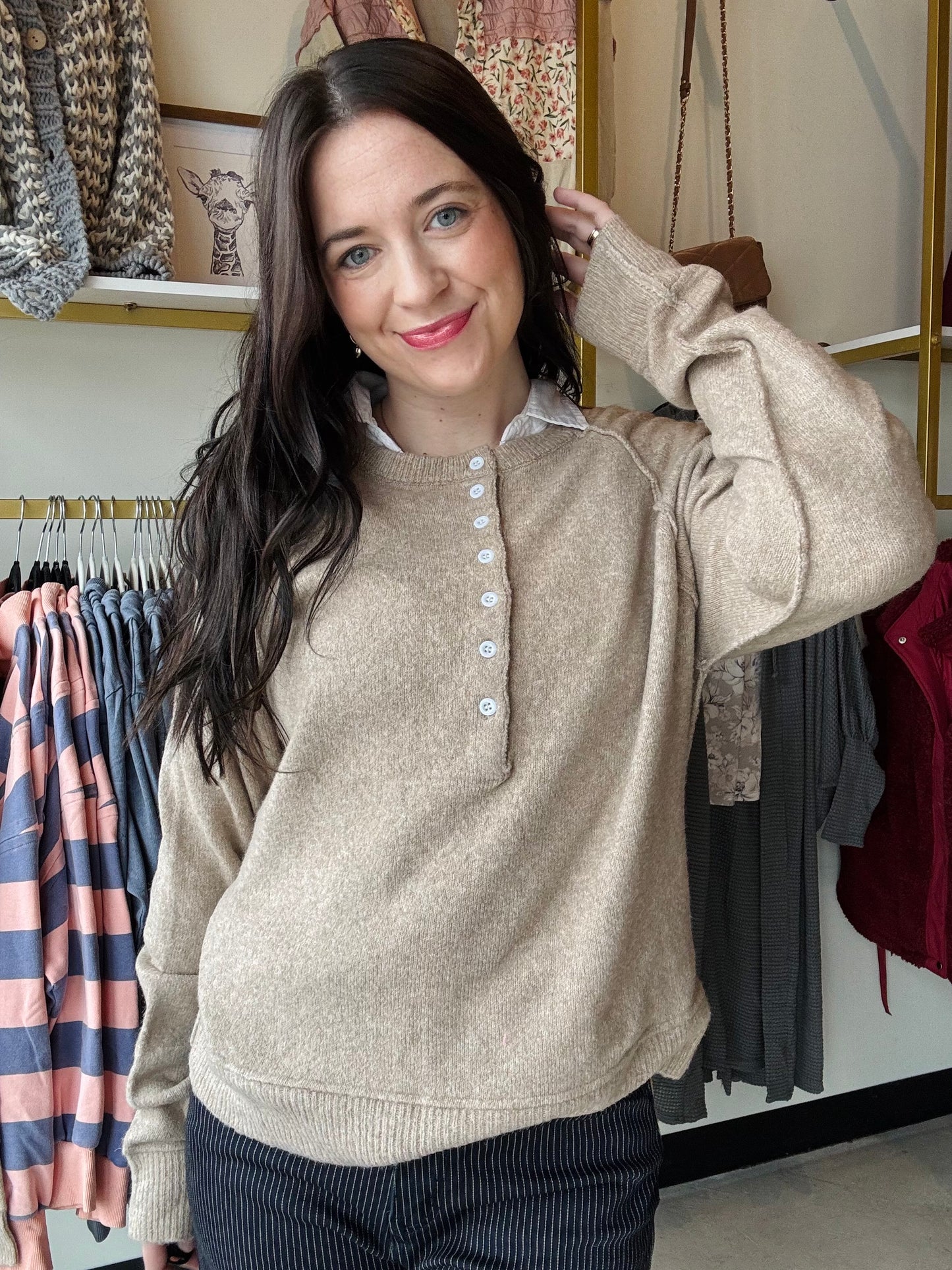 Latte Button Crewneck Sweater