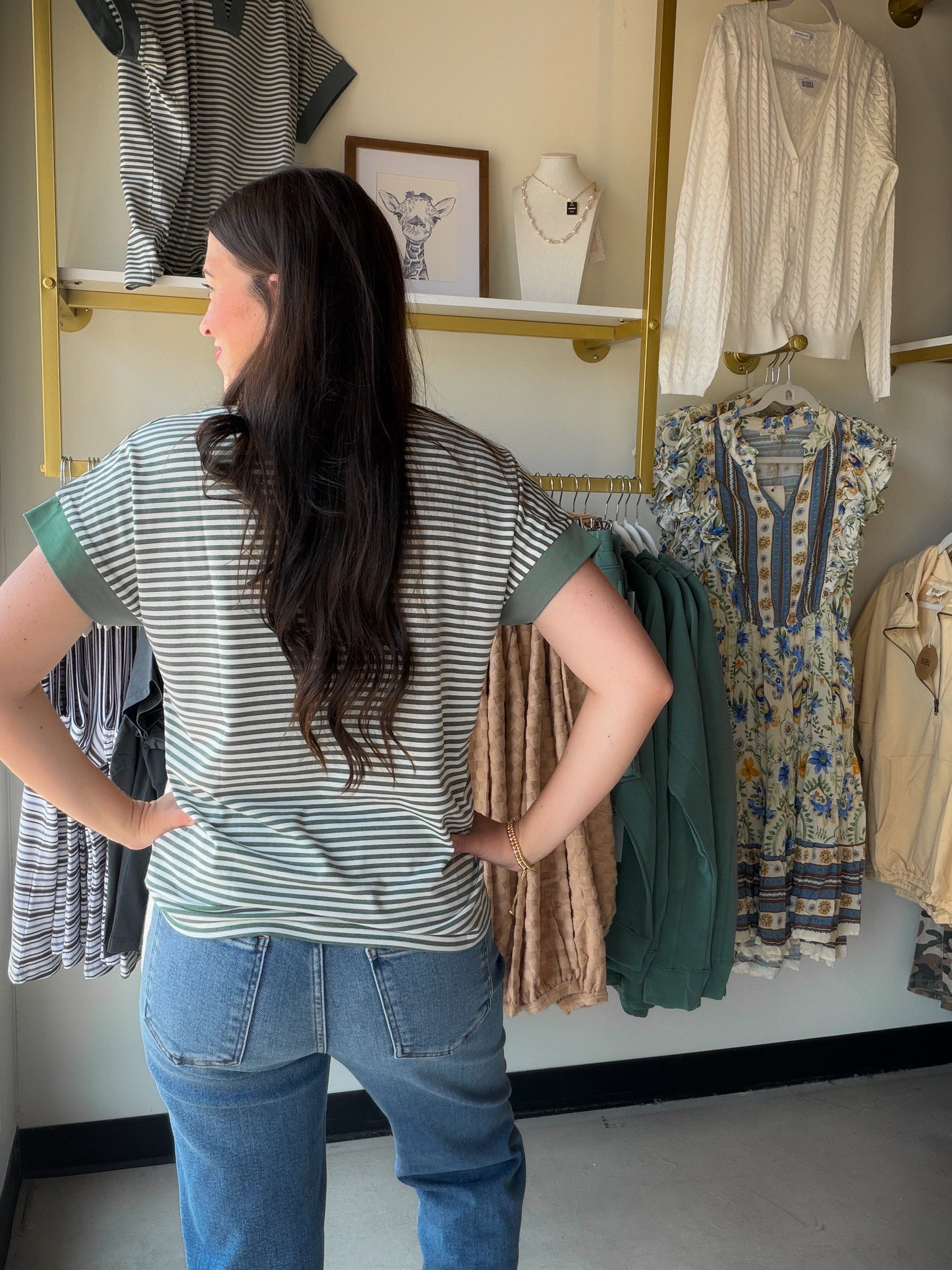 Jade Stripe Split Neck Top