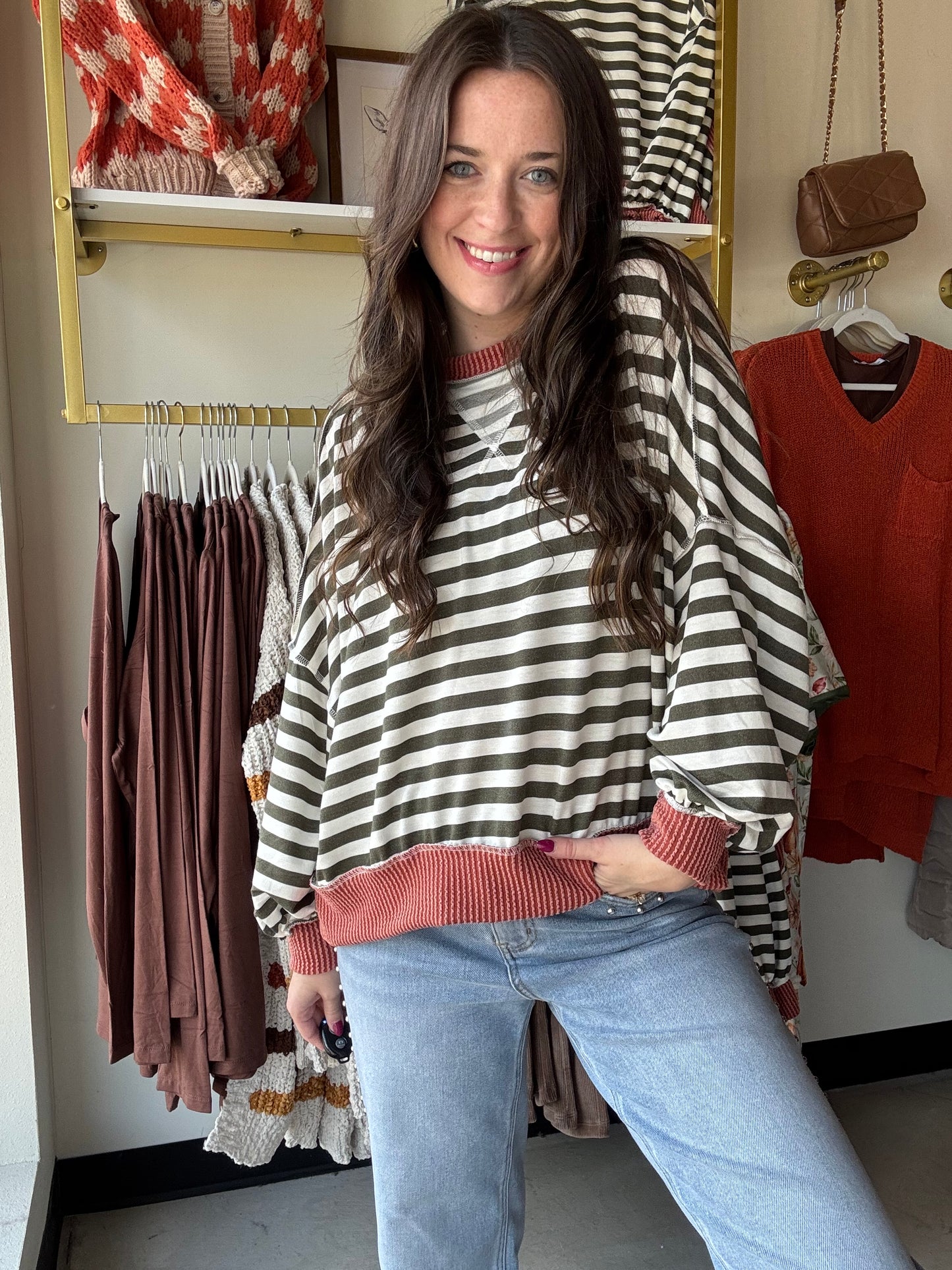 Olive & Rust Striped Pullover