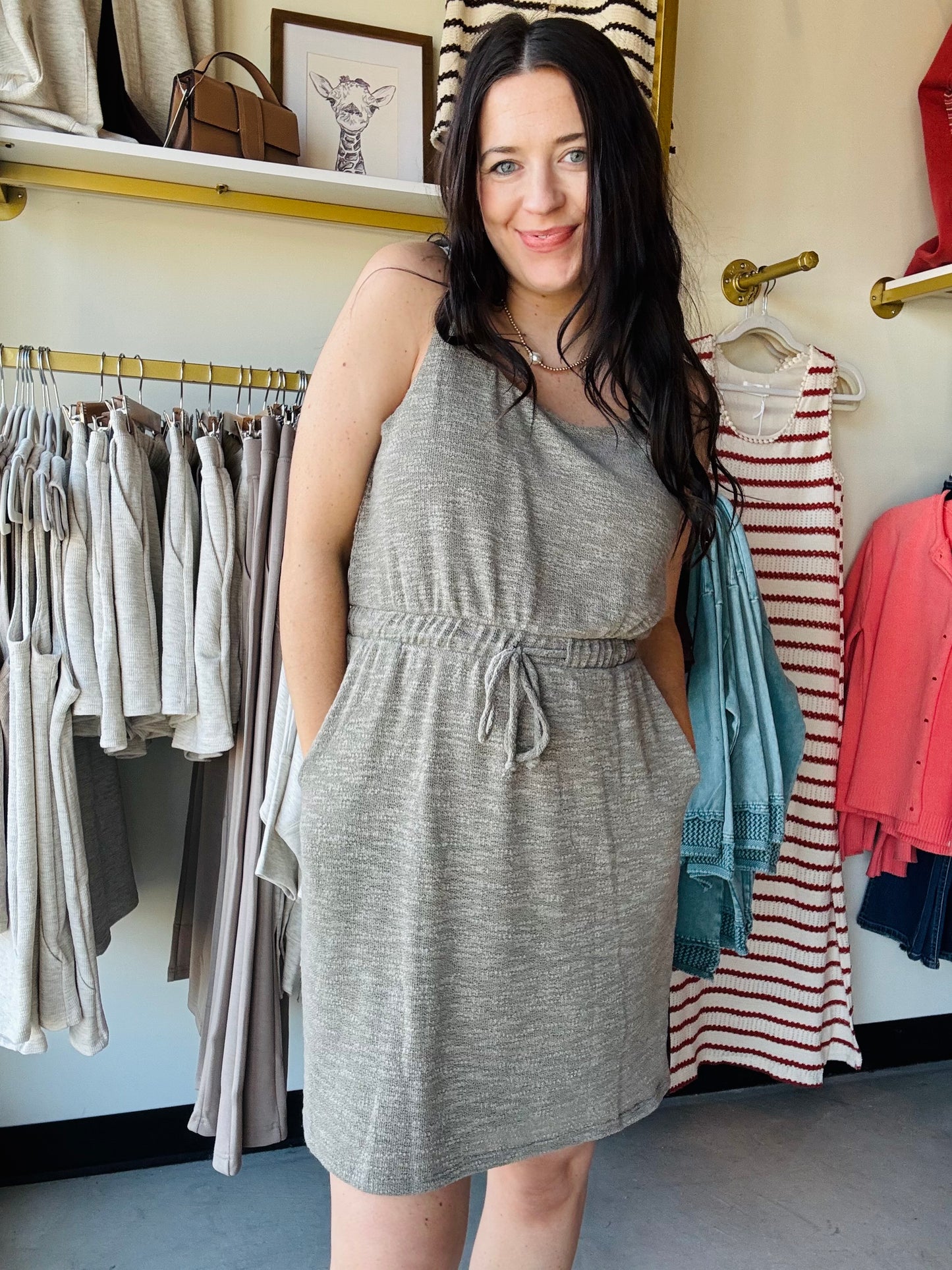 Dark Khaki Tie Waist Dress