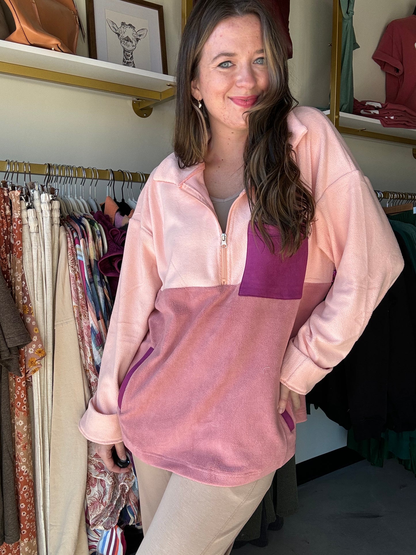 Pink Block Quarter Zip Pullover