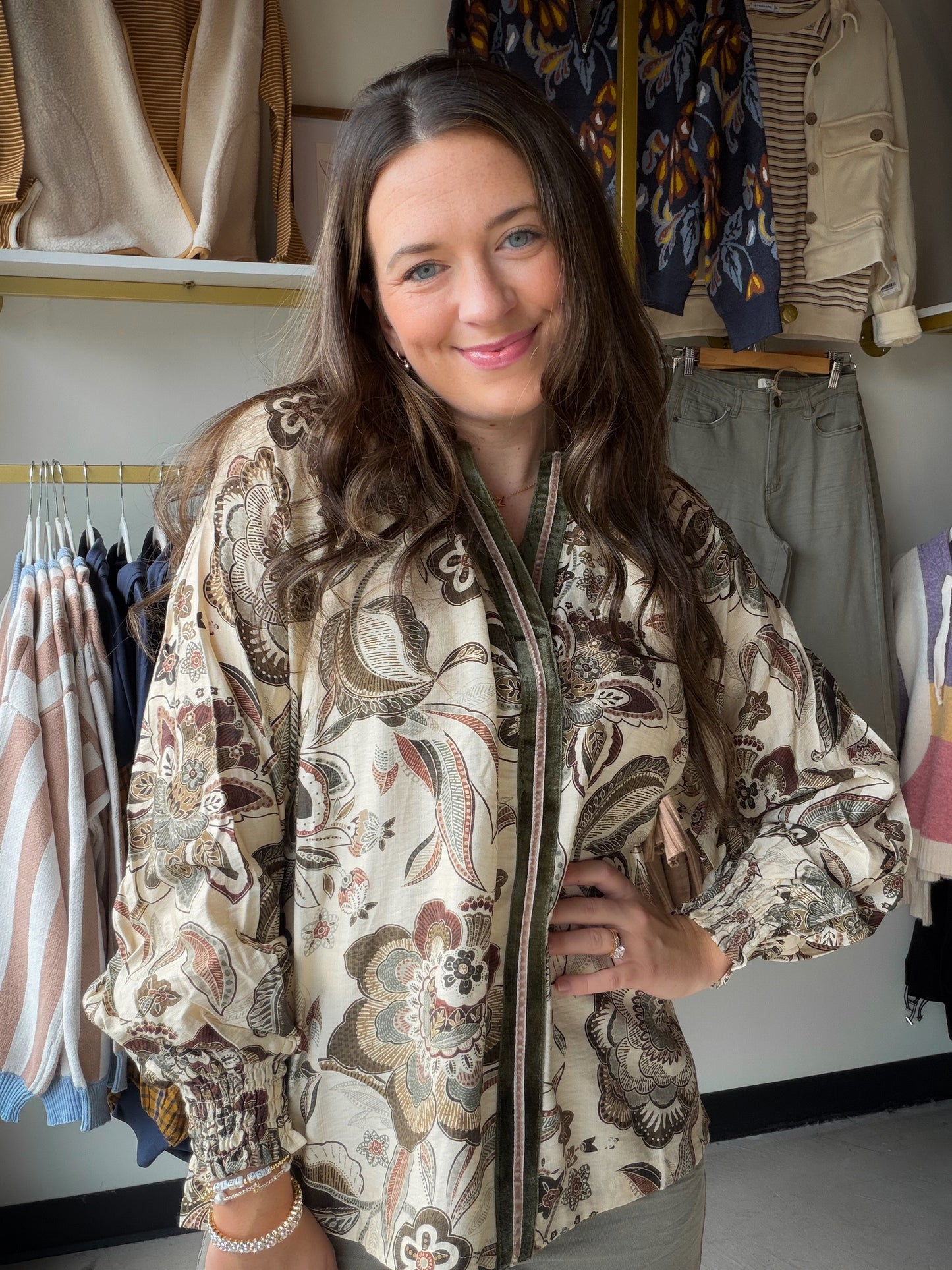 Ecru Abstract Smocked Neck Top