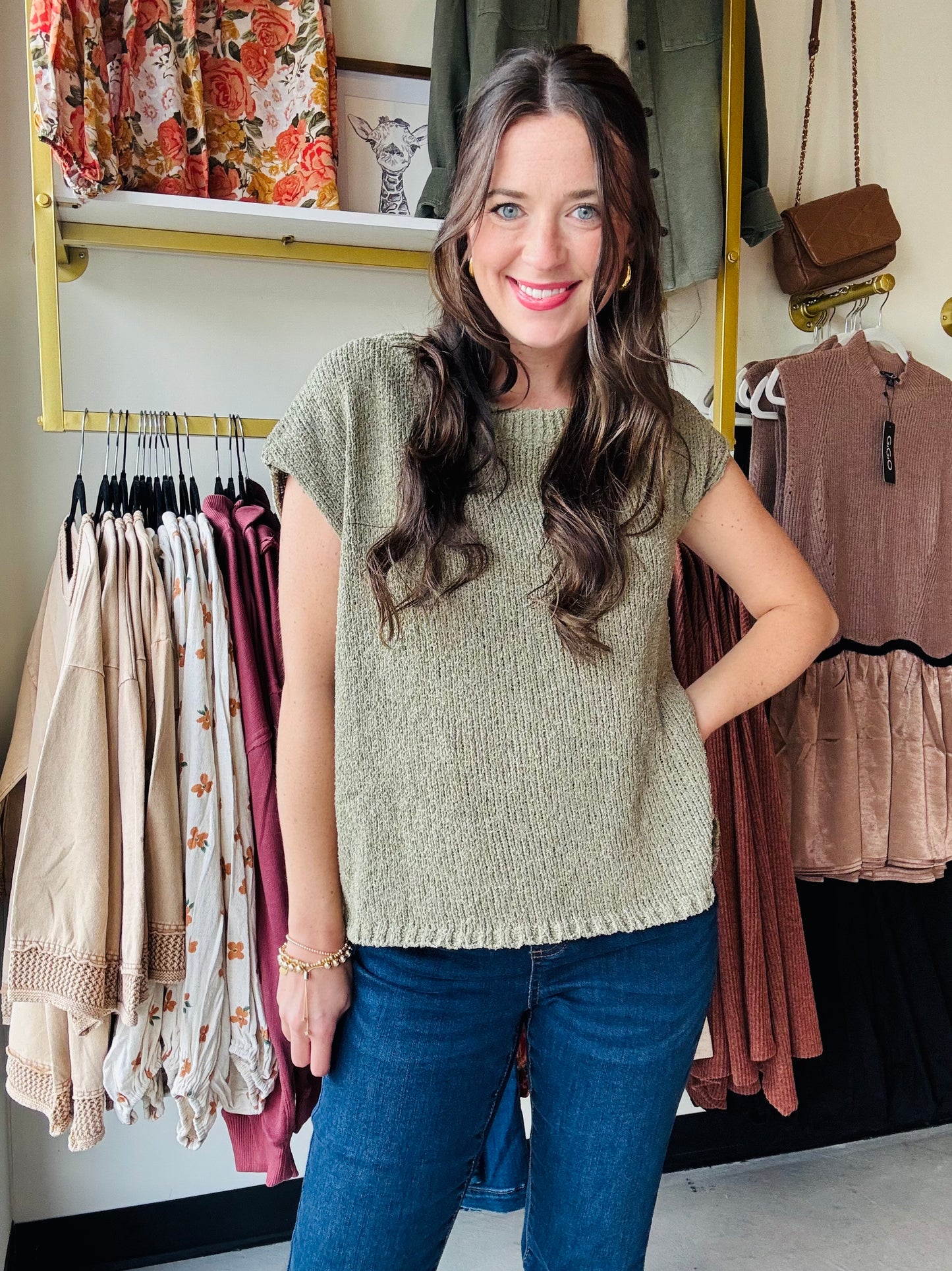 Olive Wide Neck Sleeveless Sweater