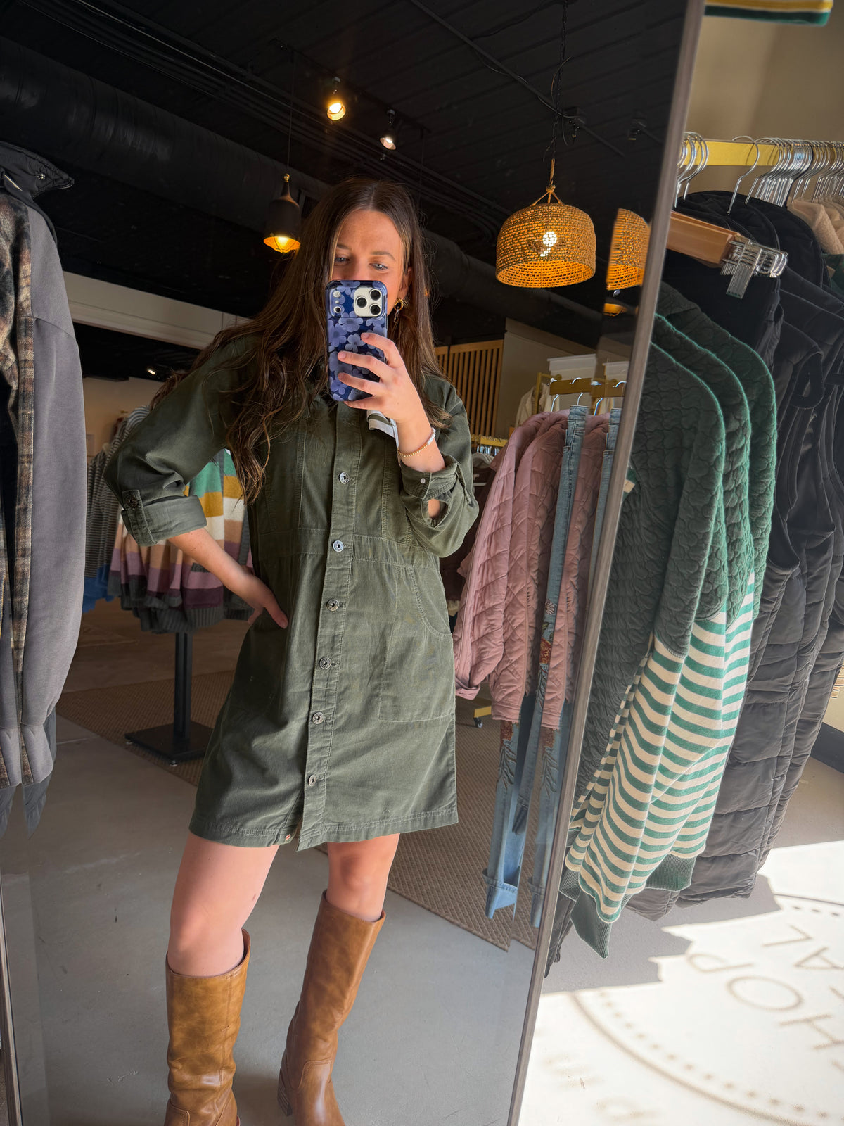 Olive Corduroy Cargo Dress