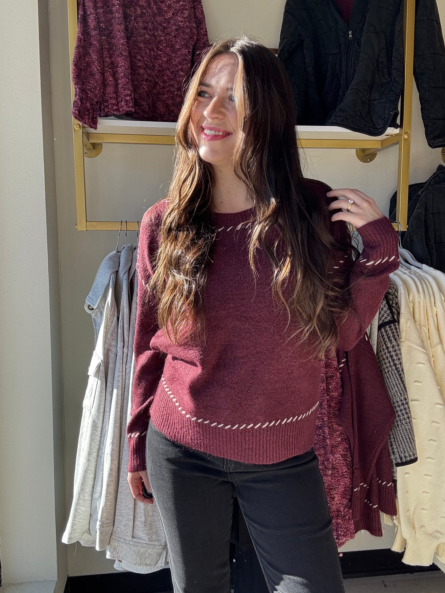 Wine Saddle Stitch Sweater