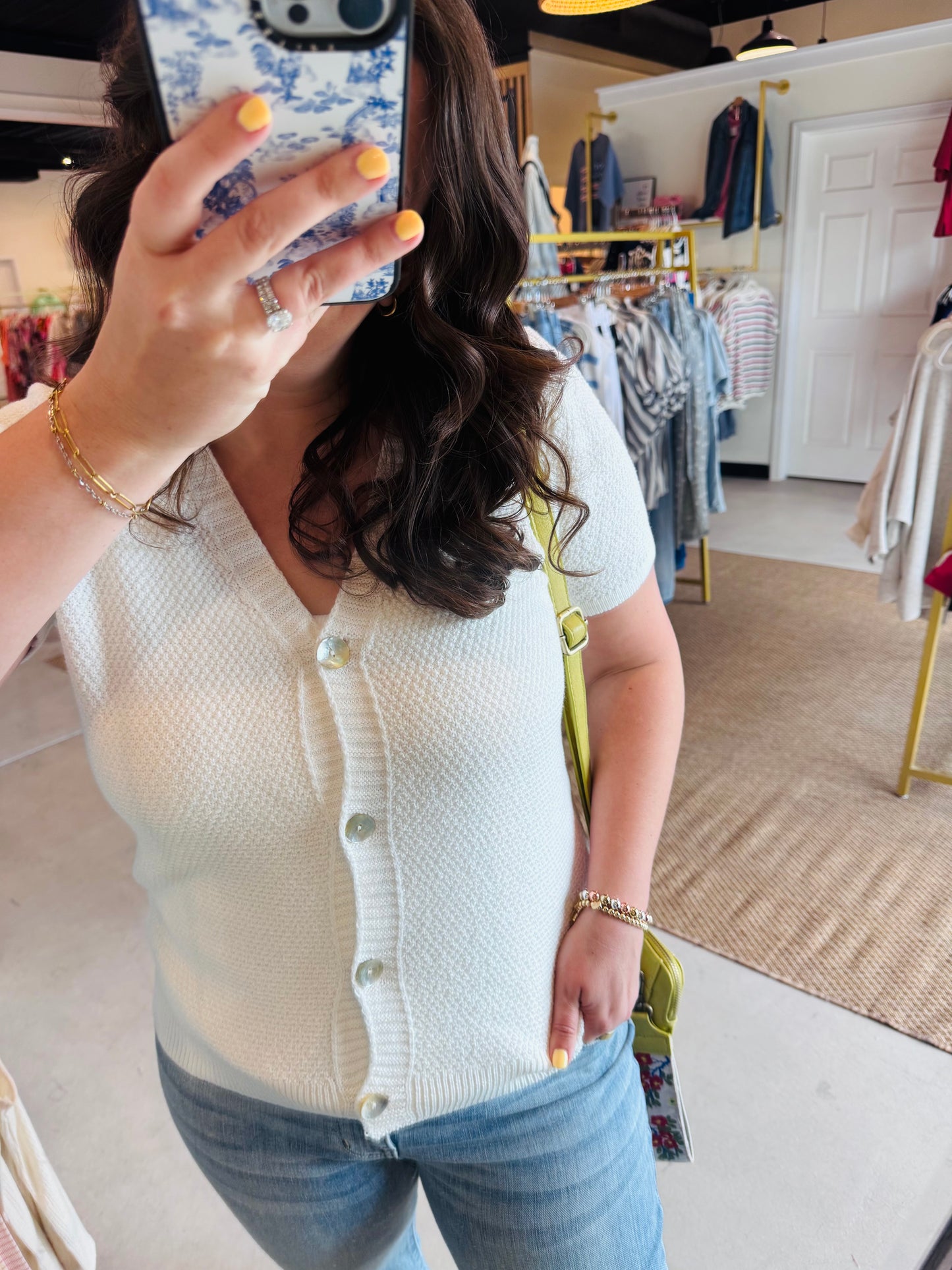 Off White Waffle Button Up Sweater