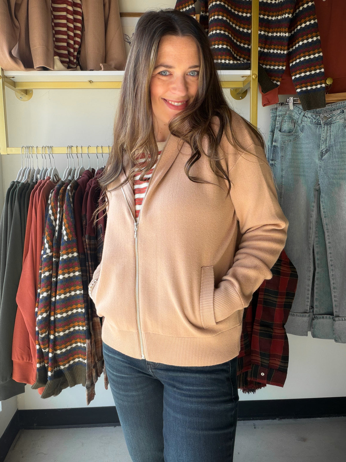 Taupe Zip Up Sweater Hoodie