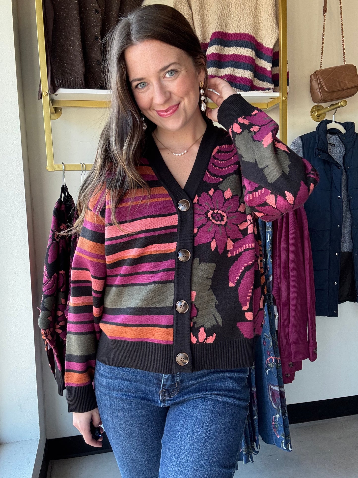 Striped floral maroon and pink cardigan