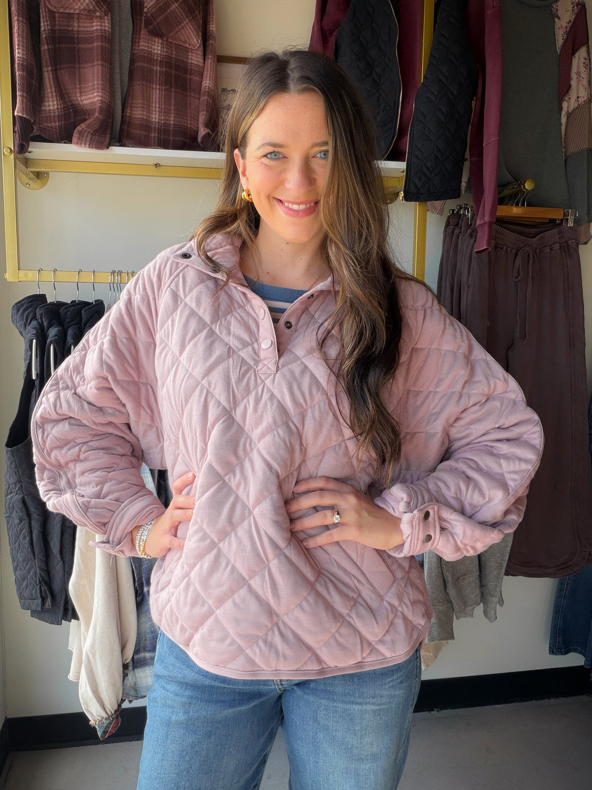 Mauve Quilted Snap Pullover
