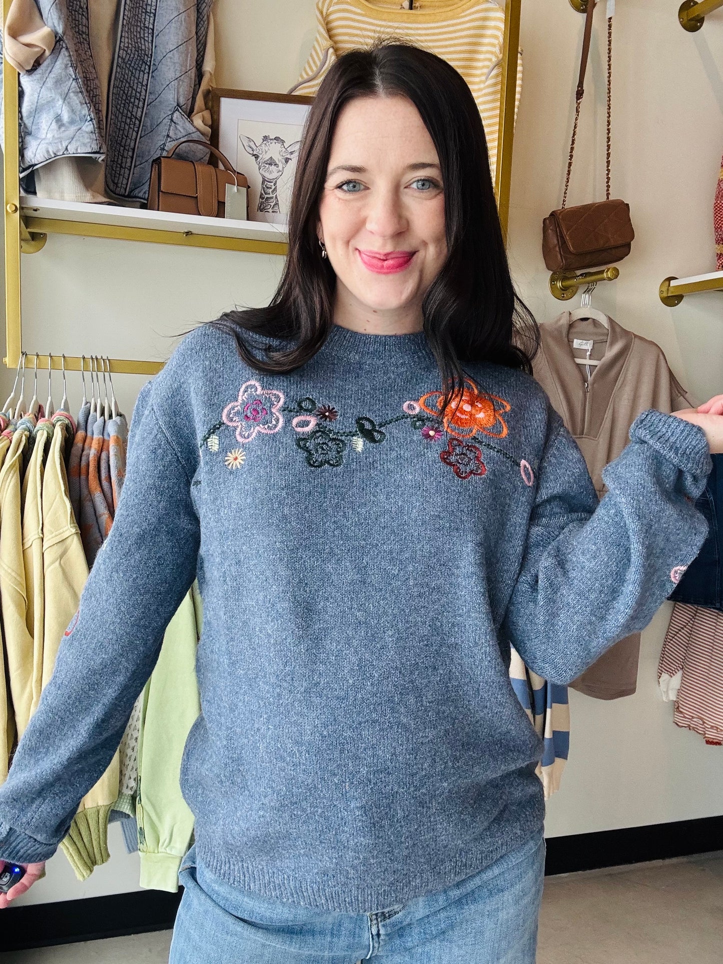 Navy Floral Embroidery Sweater