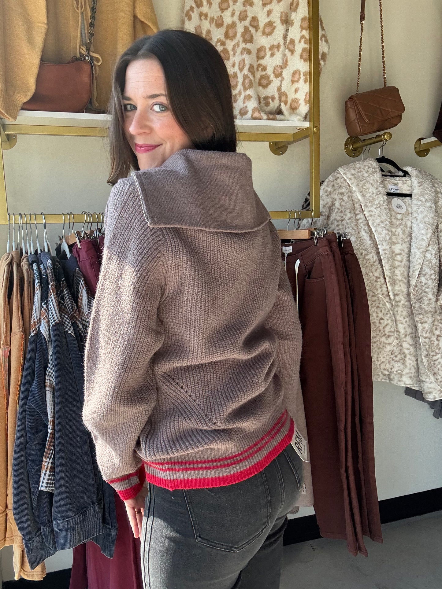 Red Accent Zip Up Pullover