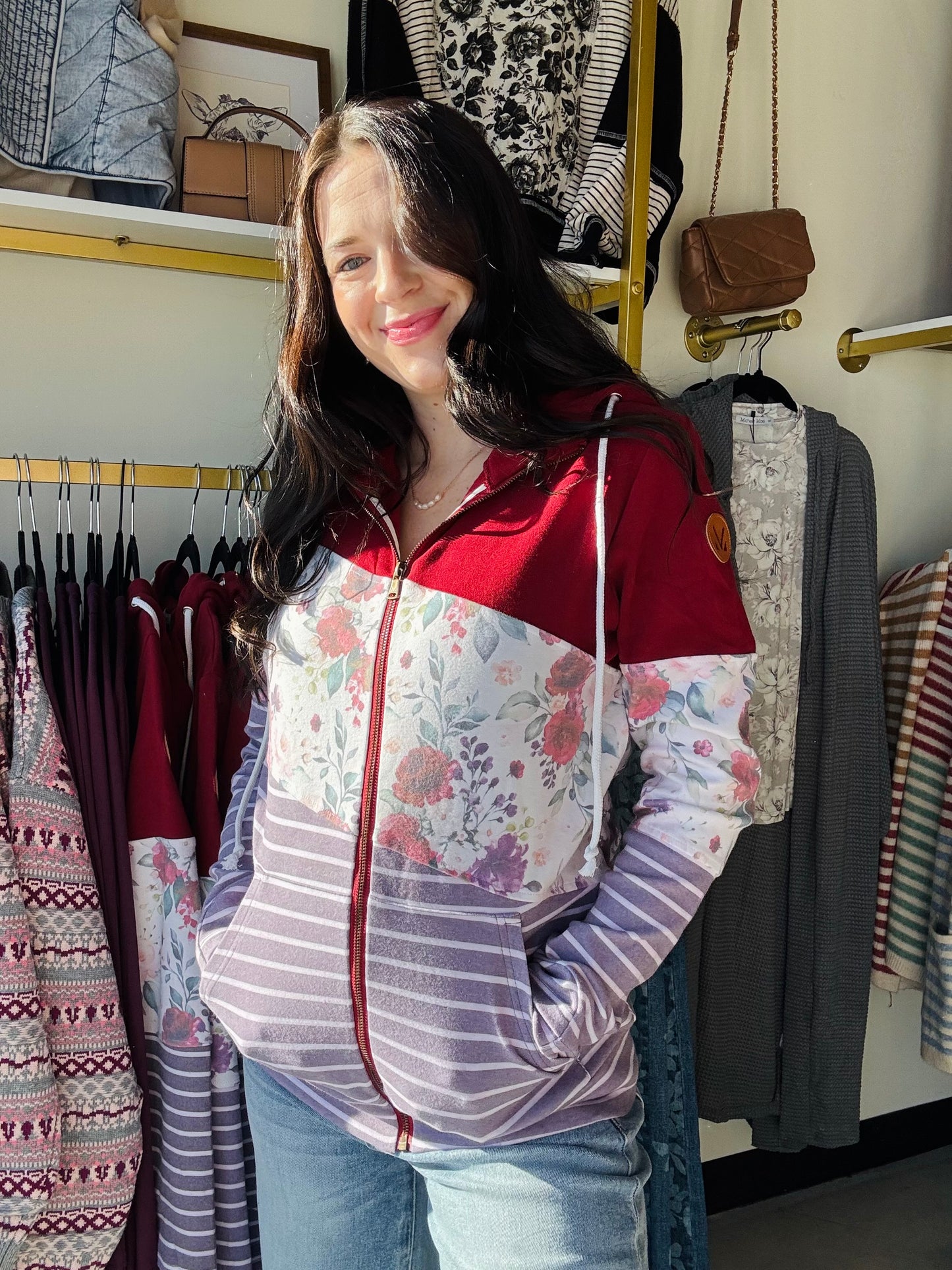 Red, white floral and purple stripe zip up hoodie