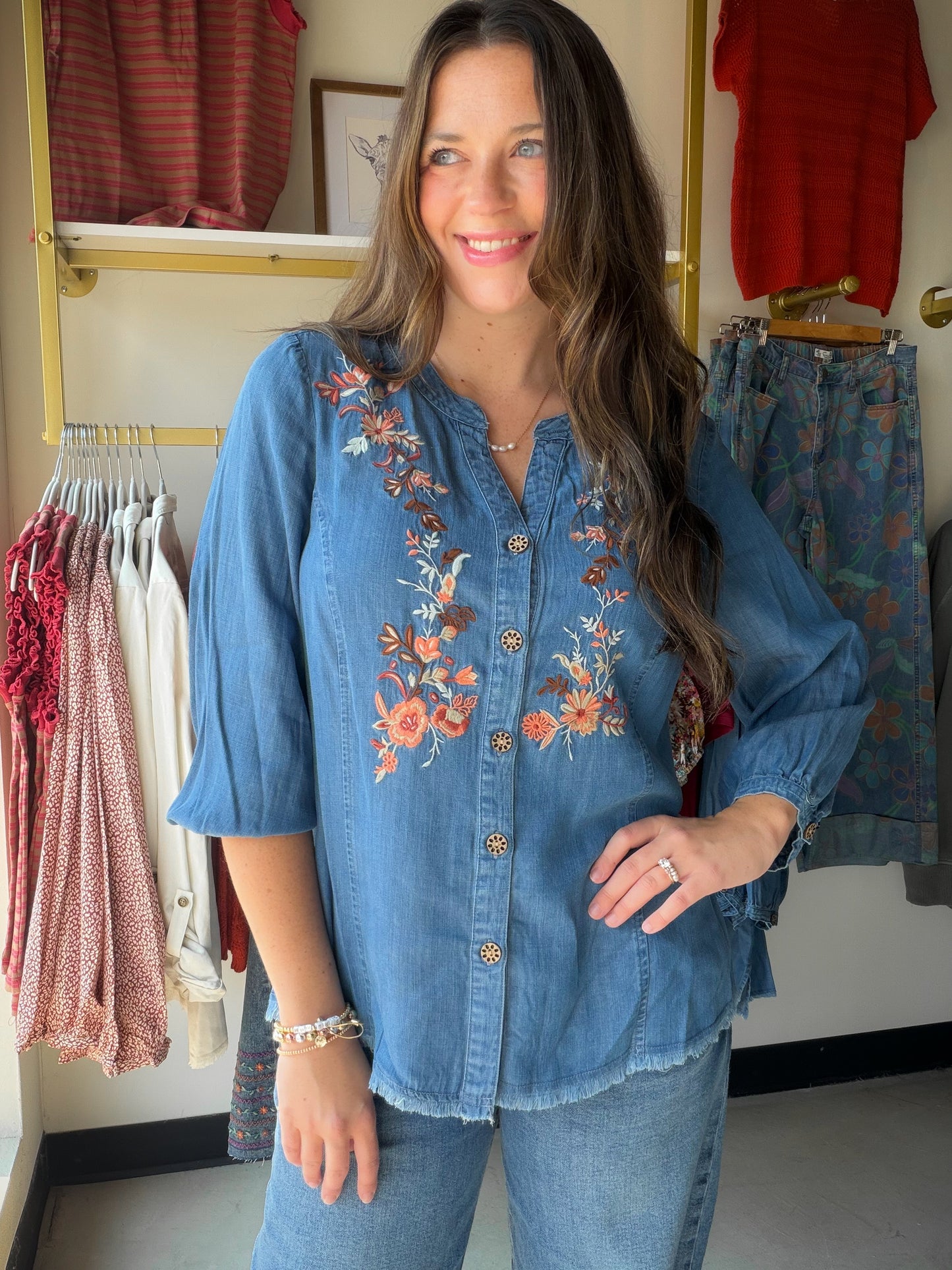 V Neck Embroidered Fringe Top