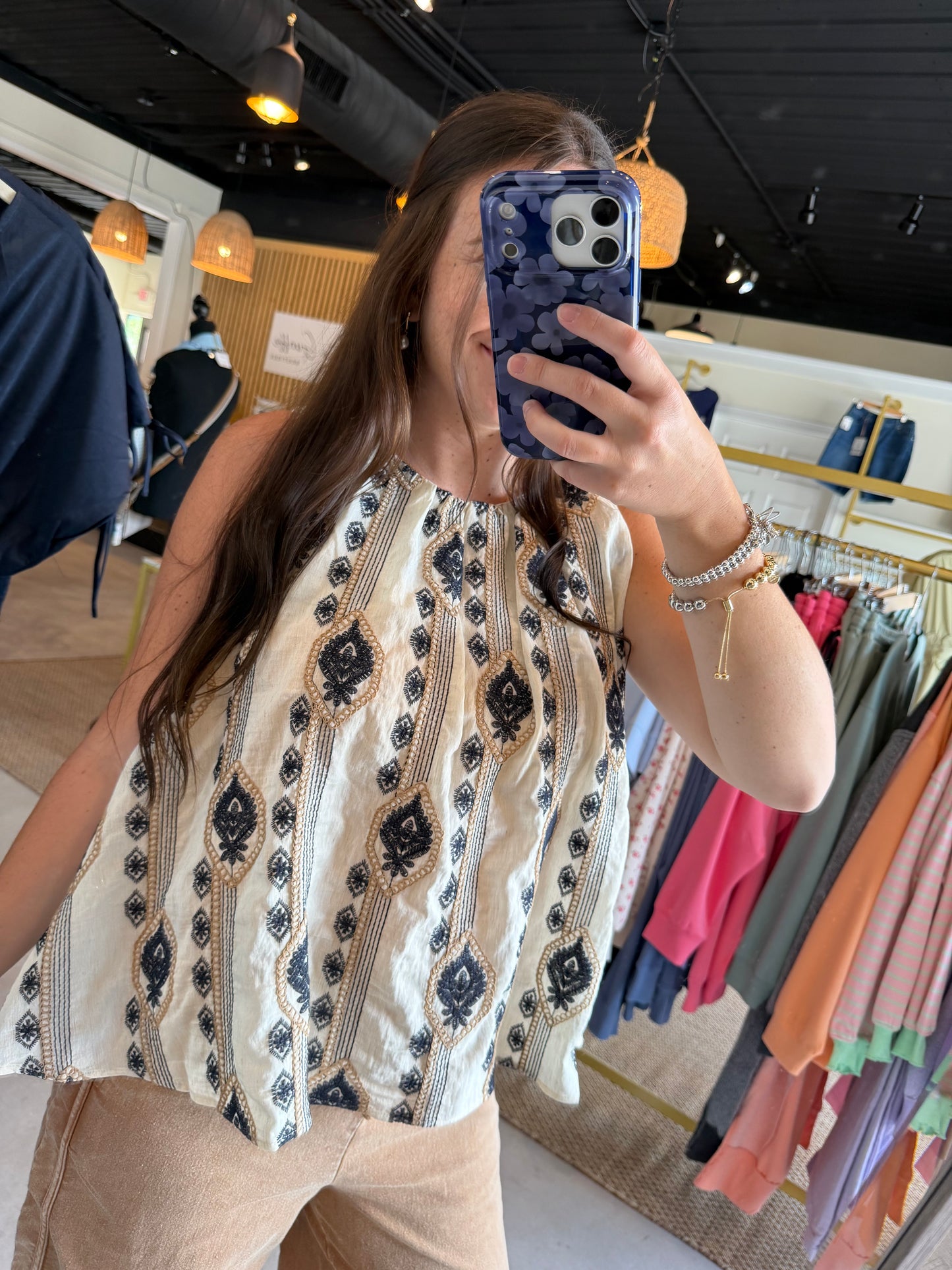 Ivory Black Embroidered Tank