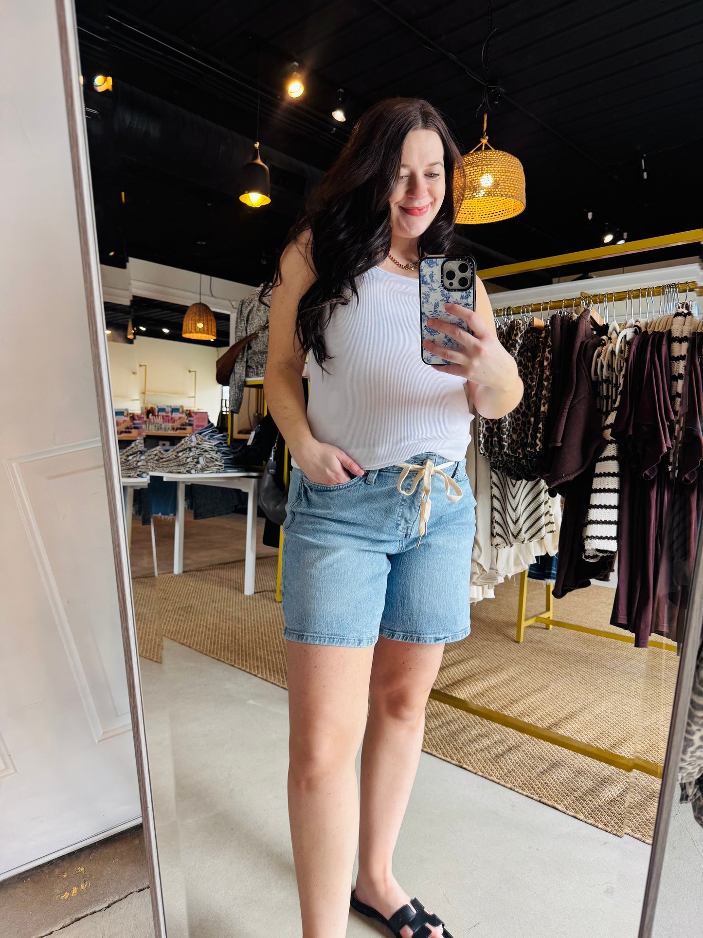 Light Wash Relaxed Front Tie Shorts