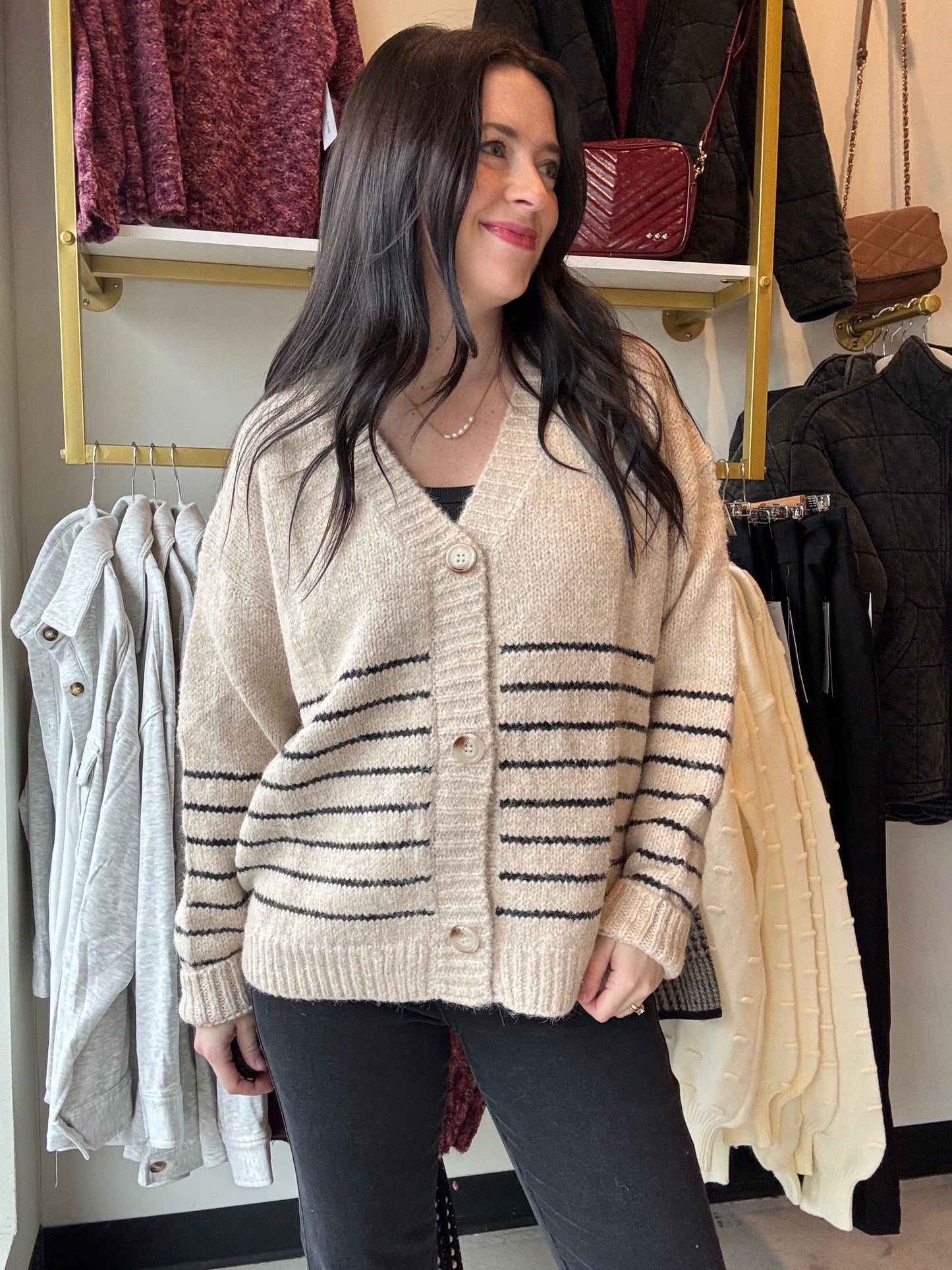Oatmeal & Black Stripe Button Sweater