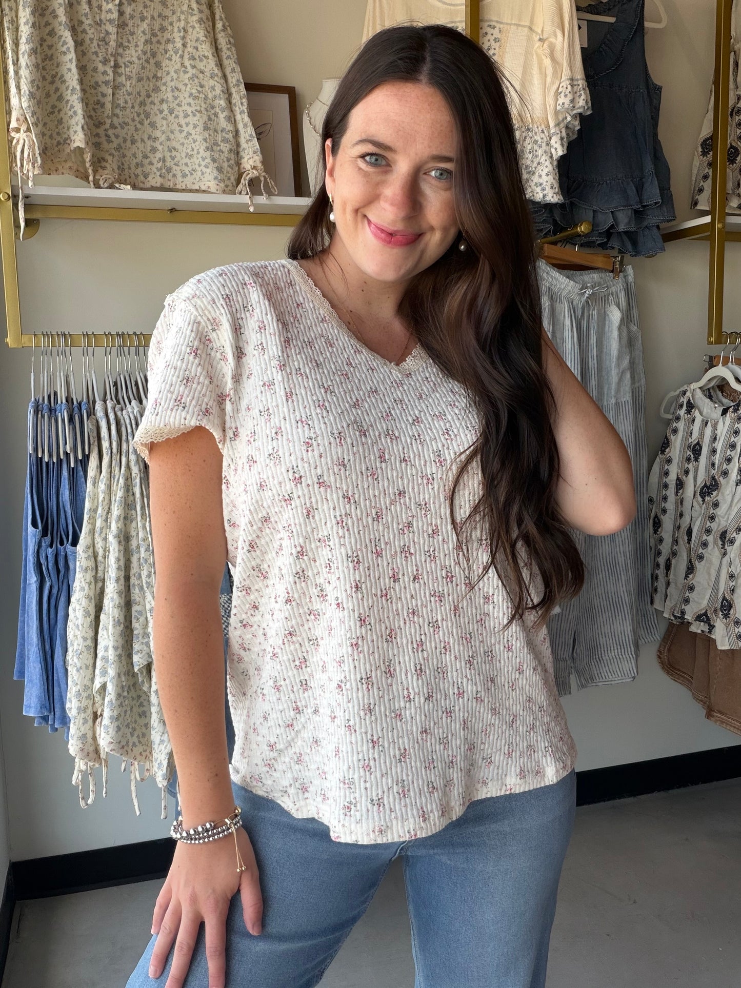Ditsy Floral Lace Trim Tee